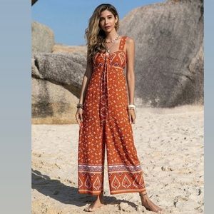 Rusttydustty Floral print knot front Wideleg cami Jumpsuit